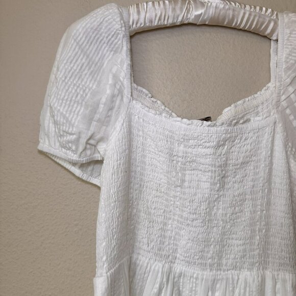 LOFT Midi Dress Medium Petite Stretch White Cotton Short Puff Sleeve - Picture 2 of 7